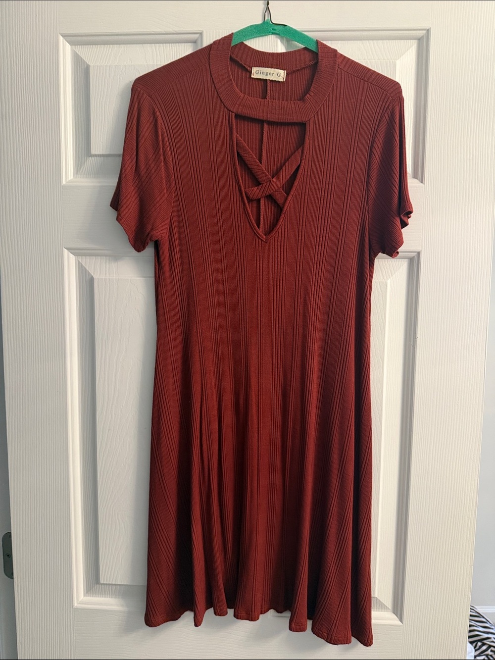 Ginger G Rust Short Sleeve Ribbed Swing Dress with Crisscross Neckline